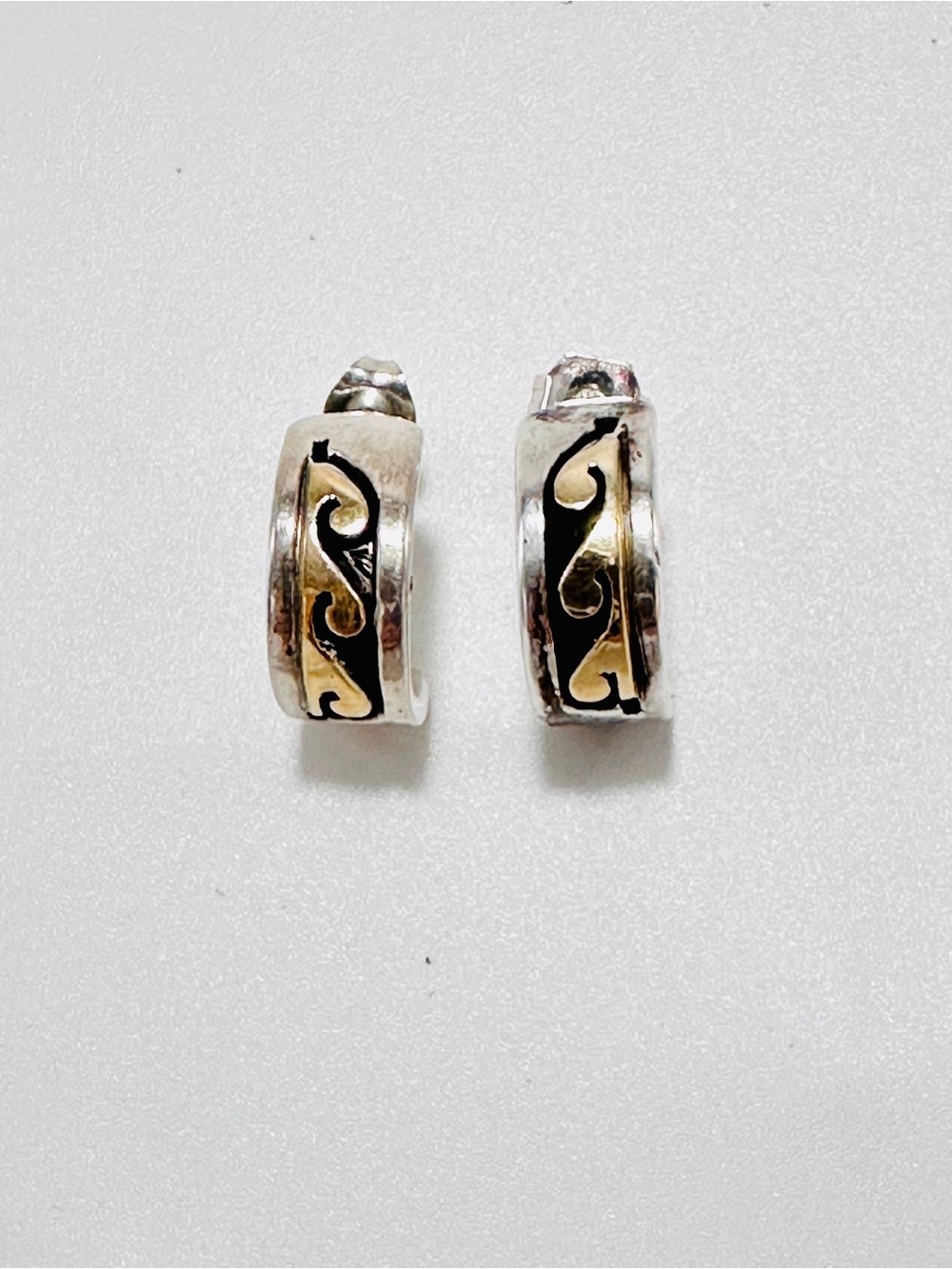 Navajo Scott Skeets Sterling Silver & 14K Yellow Gold Wave Pattern Half-Hoops